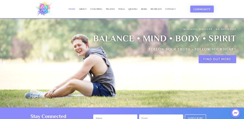 aoholistics.com home page - brochure website for a life coach and instructor for pilates, yoga and qigong