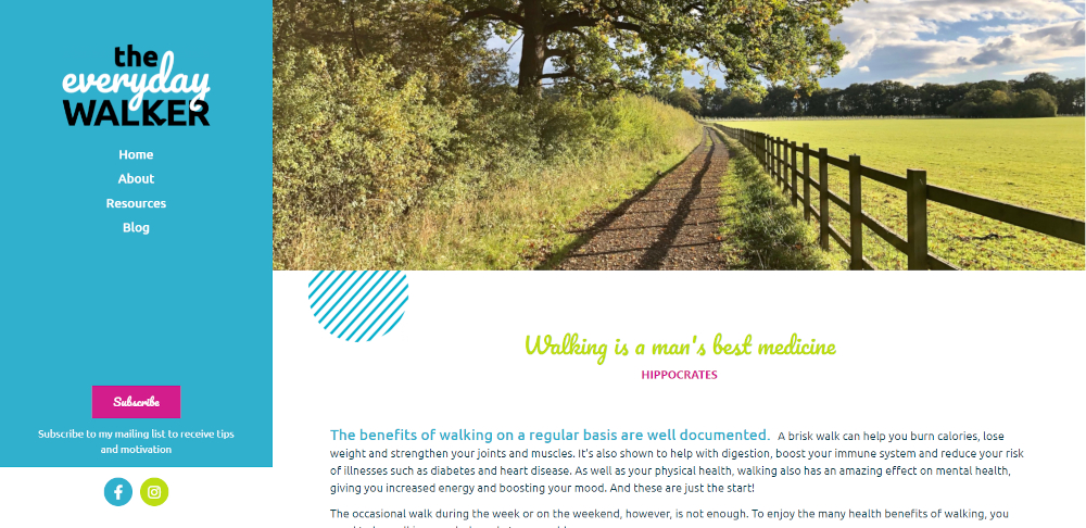 theeverydaywalker.com home page - blog website about the benefits of regular walking