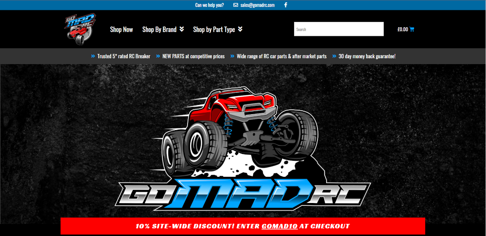 gomadrc.com home page - ecommerce package website for remote control car parts