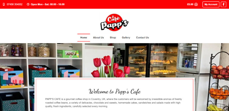pappscafe.co.uk home page - brochure and ecommerce store website for coffee and gift shop